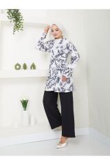 Kadın Çiçek Desenli Kapamasız  Kuşaklı Kimono Takım Siyah - S