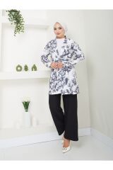 Kadın Çiçek Desenli Kapamasız  Kuşaklı Kimono Takım Siyah - XL