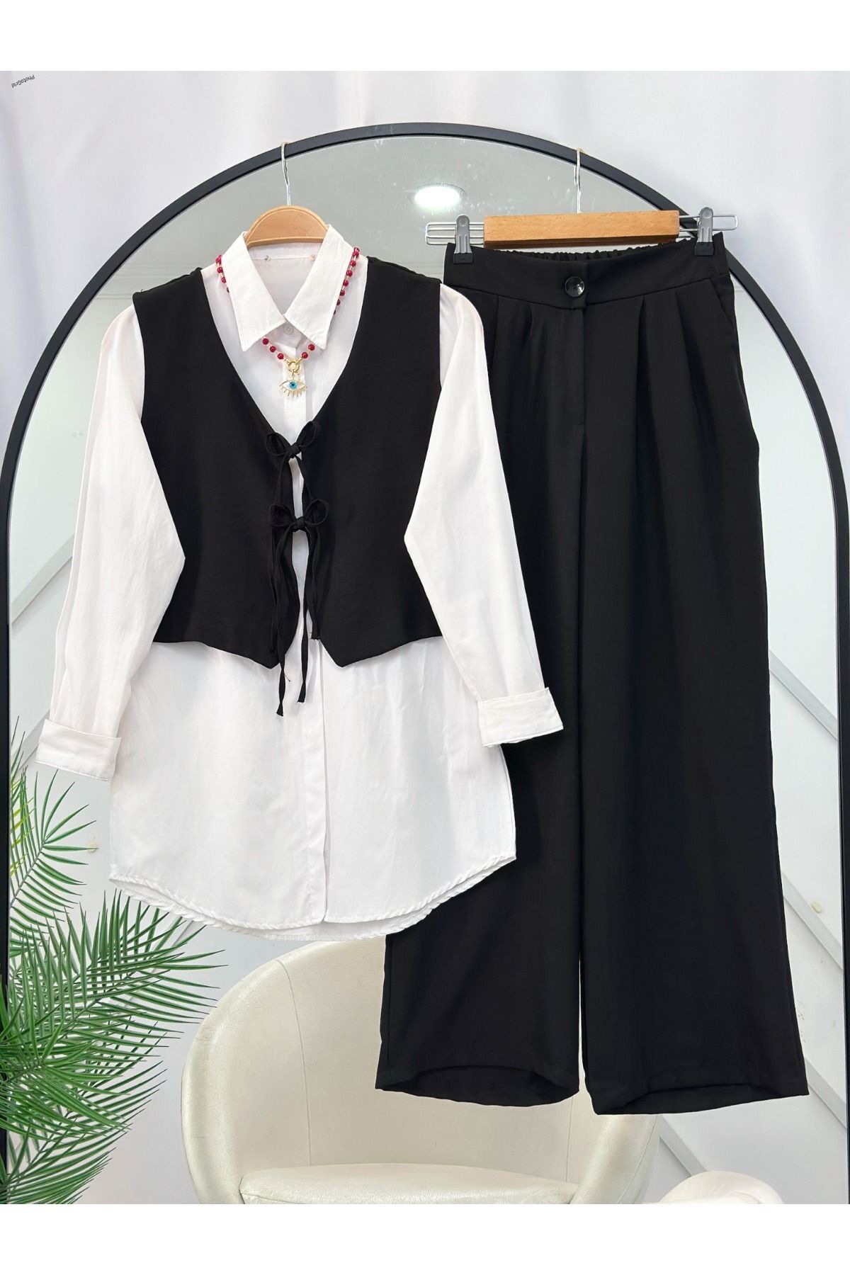 Kadın Gömlek Yelek Pantolon Üçlü Takım Siyah - 2XL