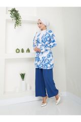Kadın Çiçek Desenli Kapamasız  Kuşaklı Kimono Takım Mavi - M