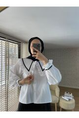 Kadın Yaka Detaylı Şeritli Tesettür Bluz Beyaz - S