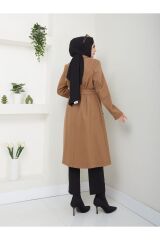 Kadın Ceket Yaka Düğmeli Kuşaklı Kaşe Kaban Kahverengi - XL