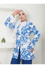 Kadın Çiçek Desenli Kapamasız  Kuşaklı Kimono Takım Mavi - S