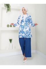 Kadın Çiçek Desenli Kapamasız  Kuşaklı Kimono Takım Mavi - S