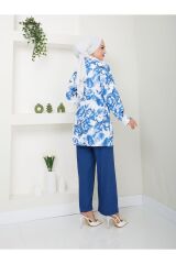 Kadın Çiçek Desenli Kapamasız  Kuşaklı Kimono Takım Mavi - S