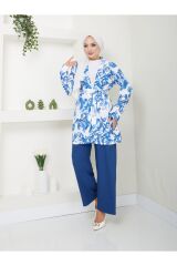 Kadın Çiçek Desenli Kapamasız  Kuşaklı Kimono Takım Mavi - XL