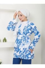 Kadın Çiçek Desenli Kapamasız  Kuşaklı Kimono Takım Mavi - XL