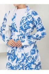 Kadın Çiçek Desenli Kapamasız  Kuşaklı Kimono Takım Mavi - XL