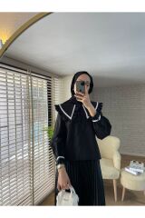 Kadın Yaka Detaylı Şeritli Tesettür Bluz Siyah - L/XL