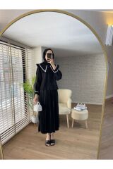 Kadın Yaka Detaylı Şeritli Tesettür Bluz Siyah - L/XL