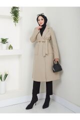 Kadın Ceket Yaka Düğmeli Kuşaklı Kaşe Kaban Bej - M