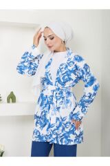 Kadın Çiçek Desenli Kapamasız  Kuşaklı Kimono Takım Mavi - L