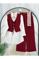 Kadın Gömlek Yelek Pantolon Üçlü Takım Bordo - L