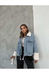 Kadın Yaka Kol Ve İçi Kürklü Cepli Jean Ceket
