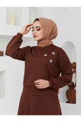 Taş Işlemeli Etekli Takım Kahverengi - XL