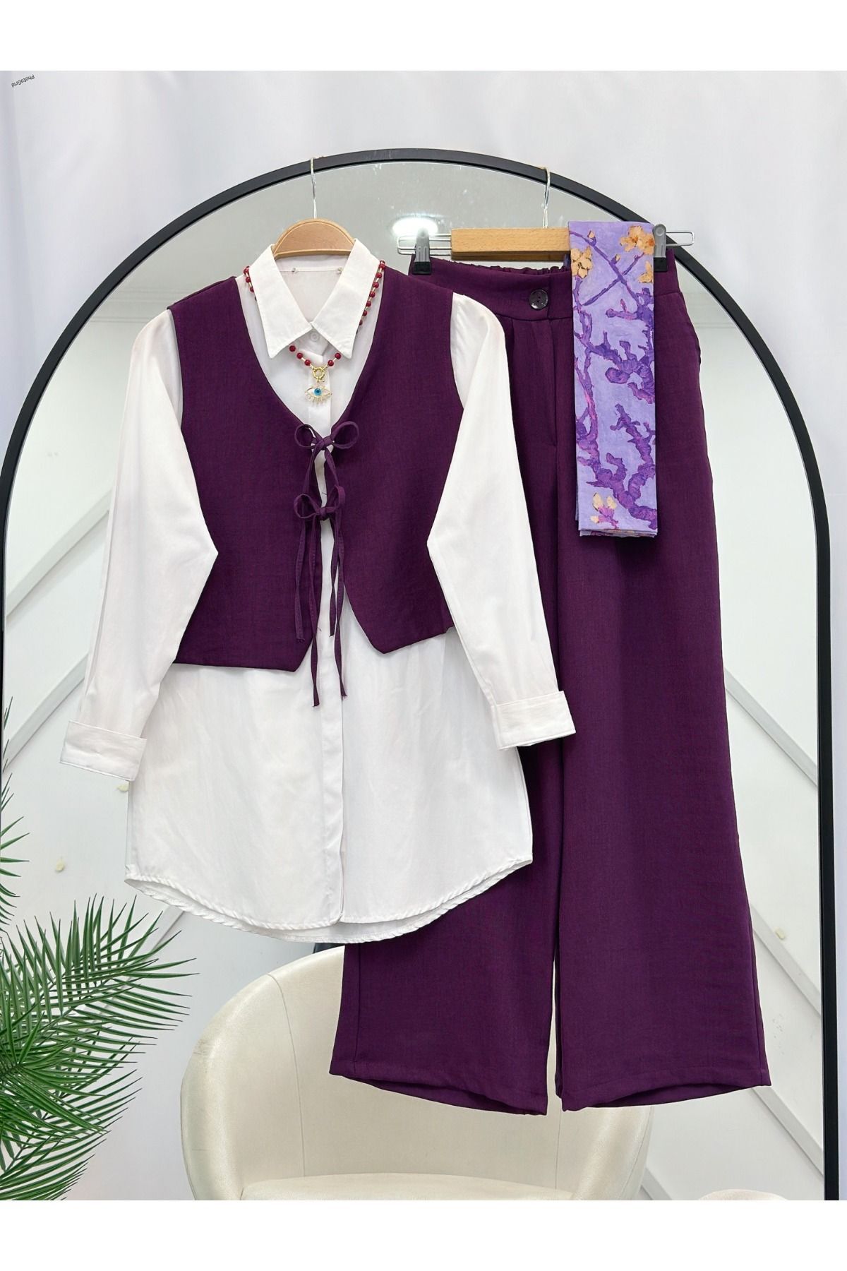 Kadın Gömlek Yelek Pantolon Üçlü Takım Mor - XL