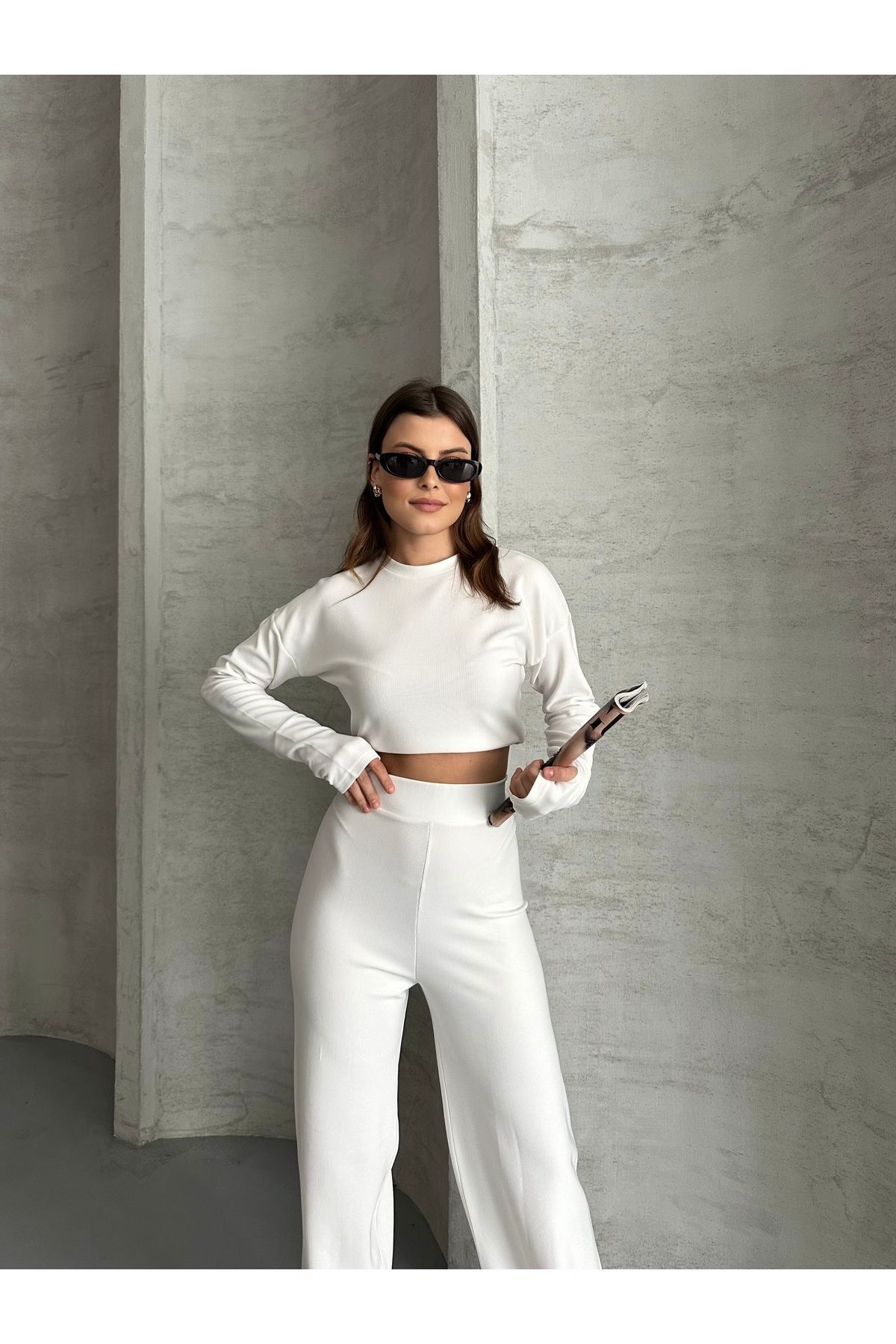 Kadın Parmak Geçmeli Crop Takım Beyaz - S