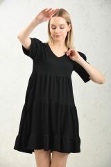 Kadın Kısa Kollu Gofre Elbise Siyah - XL
