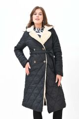 Kadın Maxi Boy Kürklü Kapitone Mont Siyah - XL