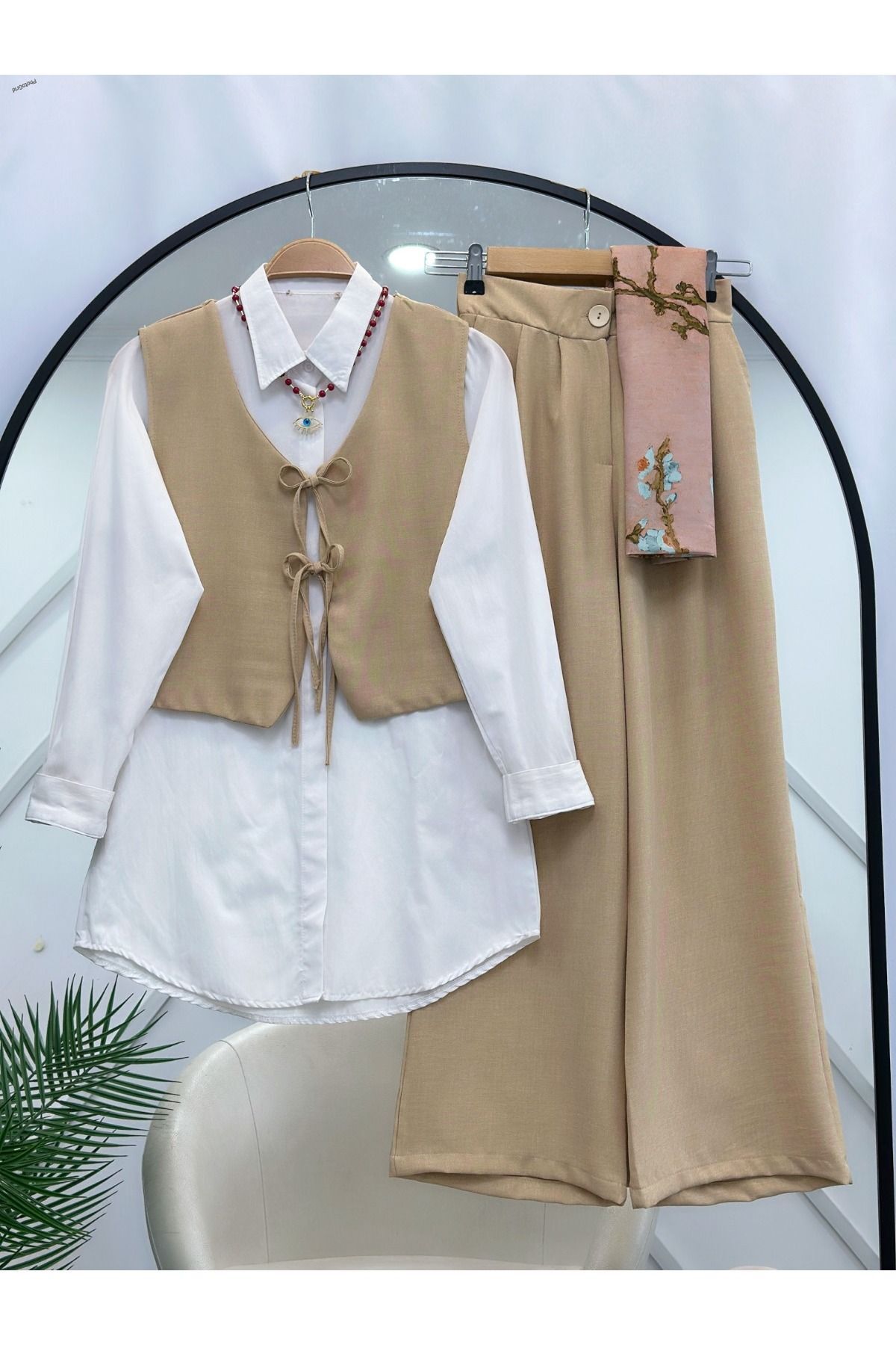 Kadın Gömlek Yelek Pantolon Üçlü Takım Bej - XL