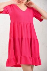 Kadın Kısa Kollu Gofre Elbise Fuşya - M