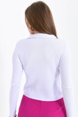 Kadın Fermuarlı Polo Yaka Triko Beyaz - Standart