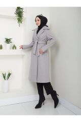 Kadın Şal Yaka Düğmeli Kuşaklı Kaşe Kaban Gri - XL