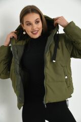 Kadın Kapitone Kısa Mont Haki - L