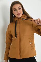 Kadın Kapitone Kısa Mont Kahverengi - XL