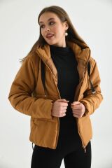 Kadın Kapitone Kısa Mont Kahverengi - S