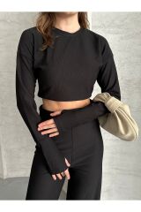 Kadın Parmak Geçmeli Crop Takım Siyah - XL