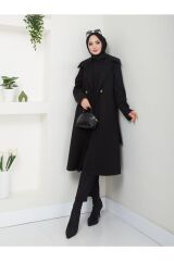 Kadın Şal Yaka Düğmeli Kuşaklı Kaşe Kaban Siyah - XL