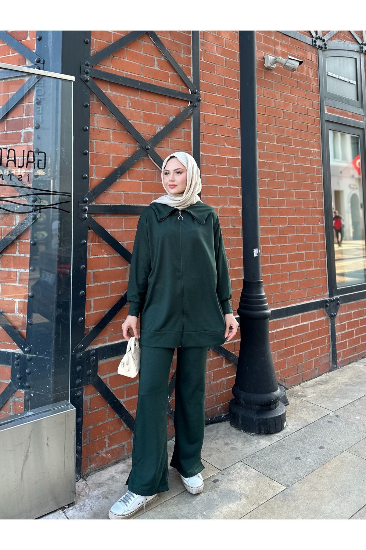 Kadın Geniş Paça Yırtmaçlı Fermuarlı Takım Yeşil - 2XL