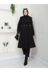 Kadın Şal Yaka Düğmeli Kuşaklı Kaşe Kaban Siyah - L