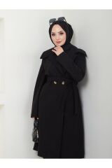 Kadın Şal Yaka Düğmeli Kuşaklı Kaşe Kaban Siyah - L