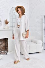 Kadın Kemerli Keten Kimono Takım Bej - 36