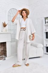 Kadın Kemerli Keten Kimono Takım Bej - 36
