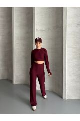 Kadın Parmak Geçmeli Crop Takım Bordo - S