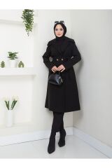 Kadın Şal Yaka Düğmeli Kuşaklı Kaşe Kaban Siyah - M