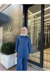 Kadın Geniş Paça Yırtmaçlı Fermuarlı Takım Mavi - L
