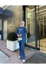 Kadın Geniş Paça Yırtmaçlı Fermuarlı Takım Mavi - L