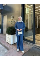Kadın Geniş Paça Yırtmaçlı Fermuarlı Takım Mavi - L