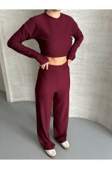 Kadın Parmak Geçmeli Crop Takım Bordo - L