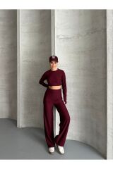 Kadın Parmak Geçmeli Crop Takım Bordo - L