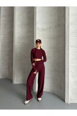 Kadın Parmak Geçmeli Crop Takım Bordo - L