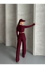 Kadın Parmak Geçmeli Crop Takım Bordo - L