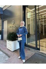 Kadın Geniş Paça Yırtmaçlı Fermuarlı Takım Mavi - M