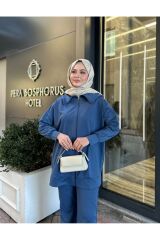 Kadın Geniş Paça Yırtmaçlı Fermuarlı Takım Mavi - XL