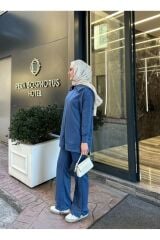 Kadın Geniş Paça Yırtmaçlı Fermuarlı Takım Mavi - XL