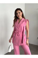 Kadın İp Bağlamalı Yelekli Takım Pembe - S